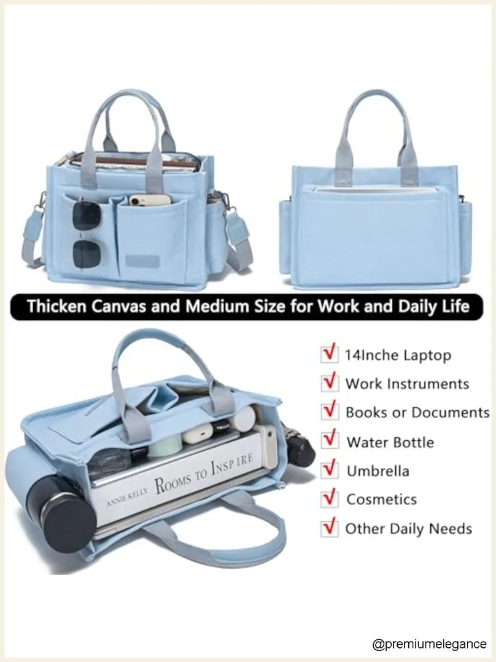 Canvas Tote Bag with Laptop Compartment, Crossbody Strap, Large Handbag for